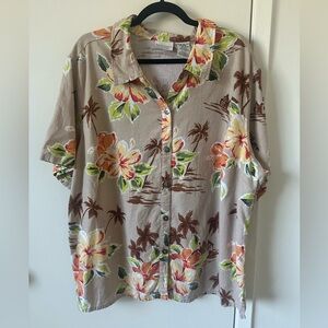 Vintage White Stag Women’s Plus Tan Hawaiian Short Sleeve Button Down Blouse 22W